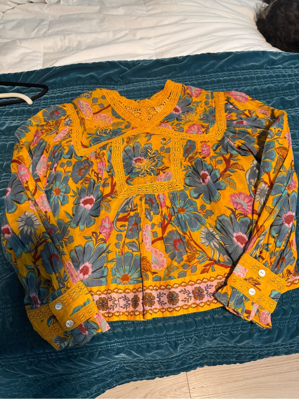 FARM Rio Yellow Floral Lace-Trim Boho Blouse